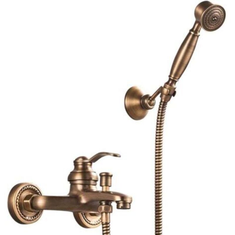 Badewannenarmatur Mit Handbrause, Duschbatterie In Antikem Messingfinish, Wandmontiert Mit Halterung Und 150 Cm Duschschlauch