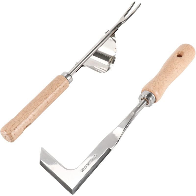 2 Stück Manueller Unkrautentferner, Edelstahl-unkrautstecher, Gartenjäter, Gartengabel, Wurzel-unkrautentferner Mit Ergonomischem Griff Aus Naturholz, Zum Unkrautjäten Und Graben In Ihrem Garten