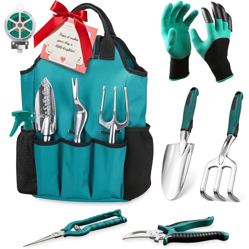 Set Aus 11 Robusten Aluminium-handgartengeräten Mit Aufbewahrungstasche, Ergonomischen Griffen Und Rostbeständig – Unverzichtbar Für Gartenanfänger.
