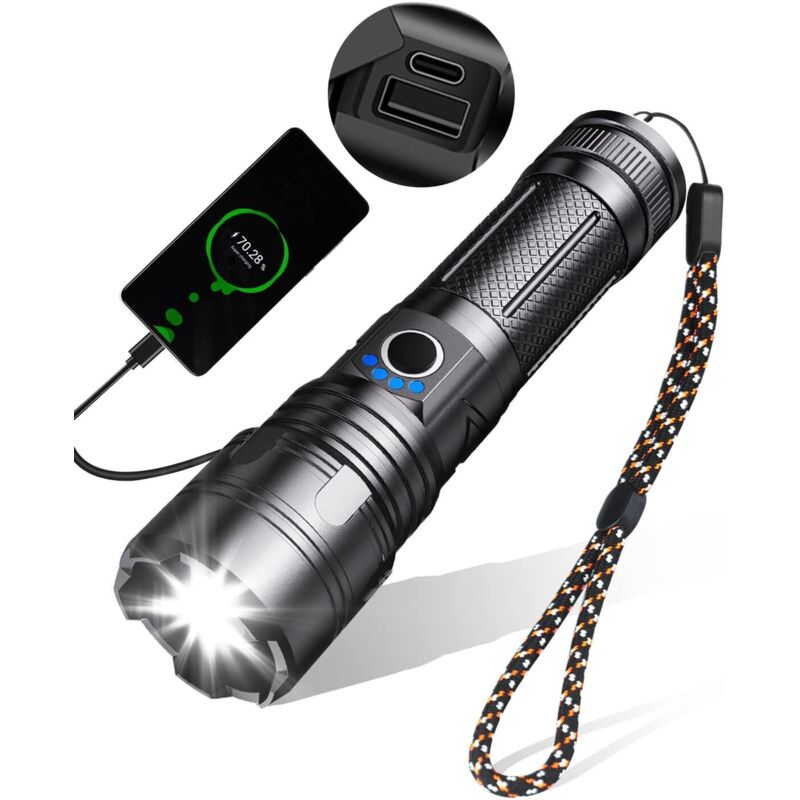 Ultra-starke Led-taschenlampe, 10000 Lumen, Wiederaufladbar, Taktisch, 5 Modi, Usb, Wasserdicht Ipx5, Zoombar, Stoßfest.