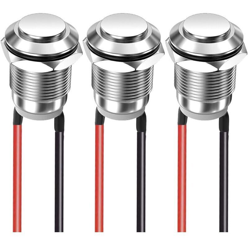 Satz Von 3 Momentanen Drucktasten, 12 Mm, 2 A, 12 V/24 V/125 V/250 V, Wasserdicht, Aus Edelstahl, Ein/aus, Mit Gewinde (hoher Kopf)