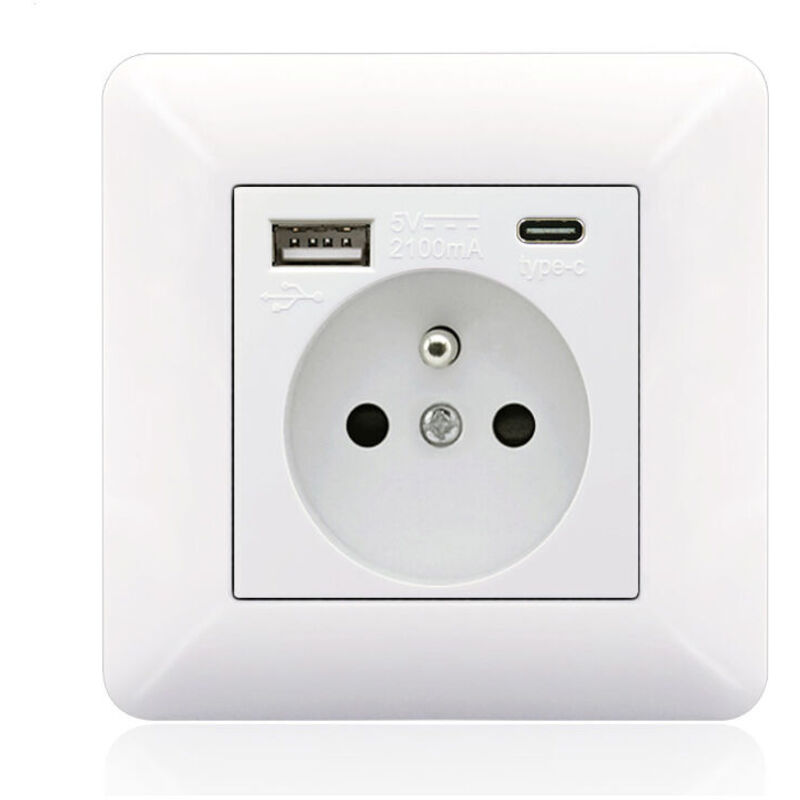 Französische Steckdosenleiste Typ-c + Usb 16a, Typ 86, Anzahl Der Steckdosen: 2 Löcher, Anzahl Der Usb-anschlüsse: 1, Anzahl Der Typ-c-anschlüsse: 1, Sicher Und Robust (weiß Gebogen)