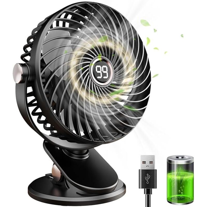 Schreibtischventilator, Mini-usb-ventilator Leise Mit Lcd-bildschirm, 6000mah Kleiner Tragbarer Wiederaufladbarer Ventilator, 5 Geschwindigkeiten, 360° Drehung, Klemmventilator Für Schreibtisch, Zuhau