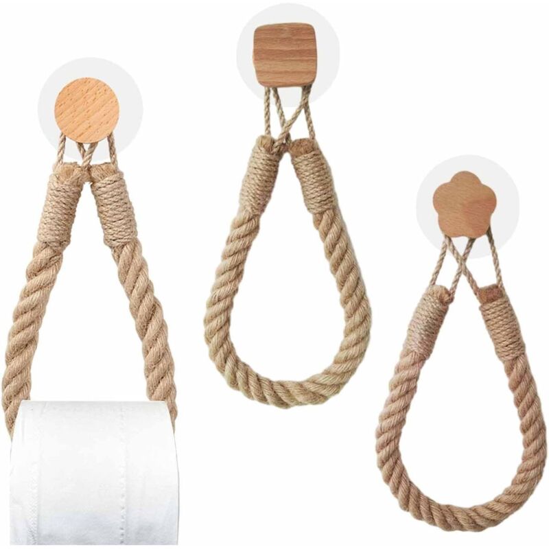 3 Stück Wandhalterung Für Toilettenpapier Aus Seil, Vintage Holz- Und Hanfseil-halter Mit Metall