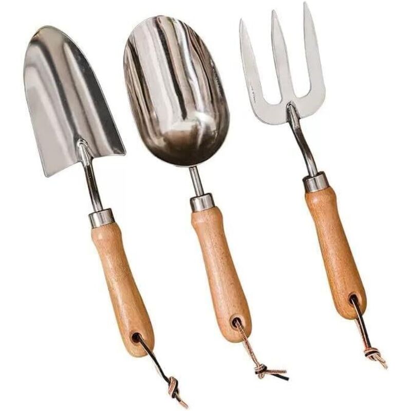 Gartenwerkzeug-set: Schaufel, Rechen Und Grabegabel Aus Edelstahl Mit Robusten Holzgriffen. Pflanz- Und Umtopfset, Ideal Für Hobbygärtner.