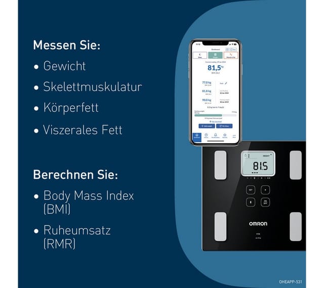 Omron Körper-Analyse-Waage VIVA misst Gewicht, Muskelmasse, Körper- & Viszeralfett, BMI & RMR, präzise Messung bis 180 kg, 4 Nutzer & Gastmodus, mit App