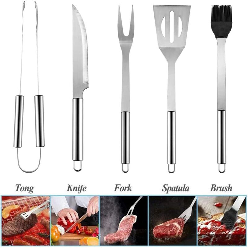 5 Stück Grillbesteck, Grillbesteck-set Aus Edelstahl, Tragbares Grillset, Grillutensilien, Grillzubehör Für Garten, Outdoor, Camping Und Grillpartys