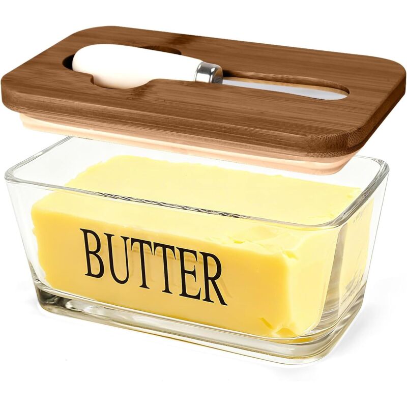 Butterdose Mit Bambusdeckel, Luftdichte Glas-butterdose Mit Deckel Und Spatel, Dunkle Farbe