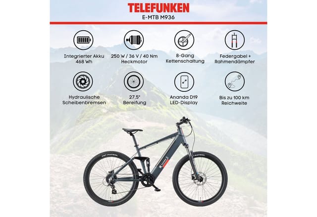 Telefunken E-Bike Mountainbike Aufsteiger M936, 8 Gang Shimano Altus Schaltwerk, Kettenschaltung, Heckmotor, 468 Wh, Pedelec, Elektrofahrrad, Damen, Herren, MTB, Fully