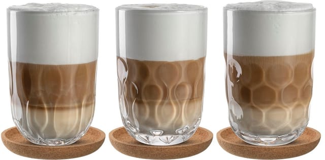 LEONARDO Gläser-Set Latte Macchiato-Set GOCCE, 380 ml, 6-teilig, 6-tlg., Glas, 3 Gläser mit unterschiedlichem Tropfenrelief, inkl. Kork-Untersetzer