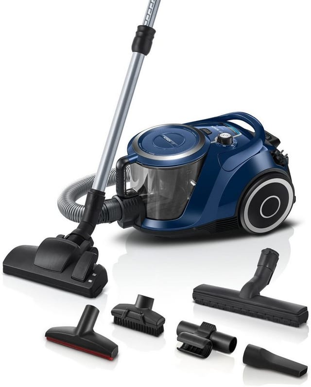 BOSCH Bodenstaubsauger Serie 6 BGC41X36, ideal für Allergiker, Hygiene-Filter, leise, 700 W, beutellos, 10 Jahre Motorgarantie, Hartbodendüse, XXL-Polsterdüse, blau