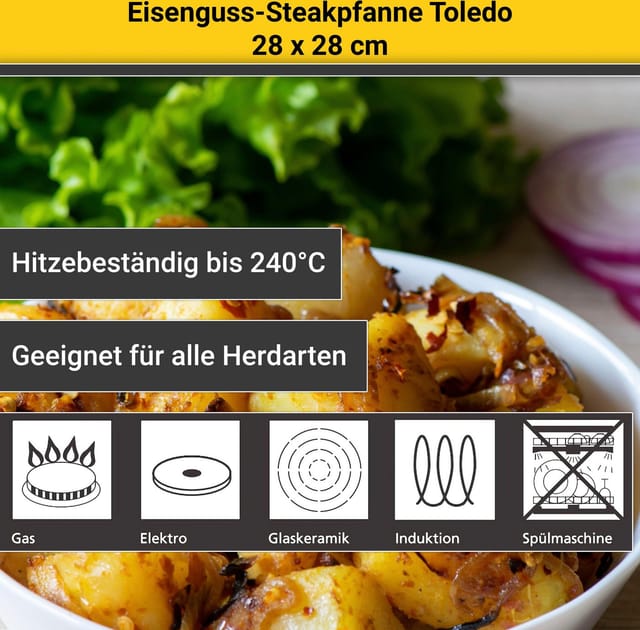 Krüger Steakpfanne Einsenguss Grill-/ Steakpfanne TOLEDO, 28 x 28cm, Gusseisen (1-tlg), für Induktions-Kochfelder geeignet