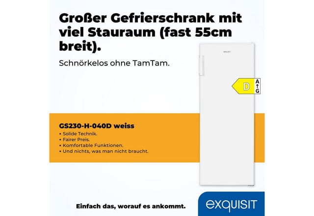 exquisit Gefrierschrank GS230-H-040D, 142,6 cm hoch, 54,4 cm breit, 4*-Gefrierschrank mit praktischem Griff – leicht & bequem zu öffnen