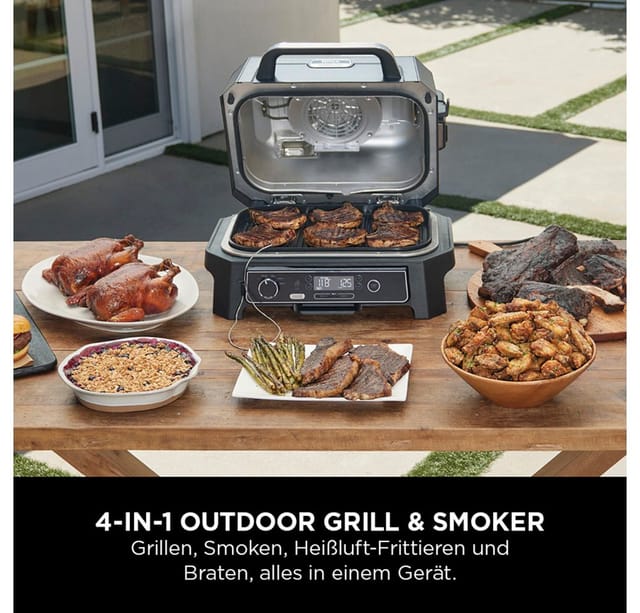 NINJA Elektrogrill Woodfire OG850EU, 1700 W, Outdoor Grill, Smoker und Heißluft-Fritteuse