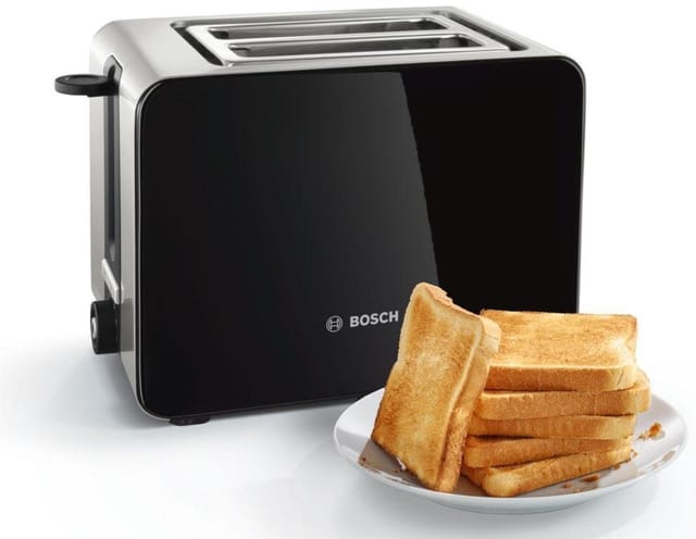 BOSCH Toaster ComfortLine TAT7203, integrierter Edelstahl-Brötchenaufsatz, 2 kurze Schlitze, für 2 Scheiben, 1050 W, Abschaltautomatik, Auftaufunktion, Edelstahl/schwarz