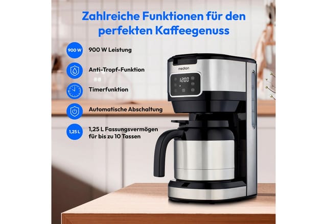Medion® Filterkaffeemaschine MD 11019, 1,25l Kaffeekanne, Permanentfilter, 900 Watt, Touch-Sensor-Bedienfeld, 24 Stunden Timer, Permanentfilter