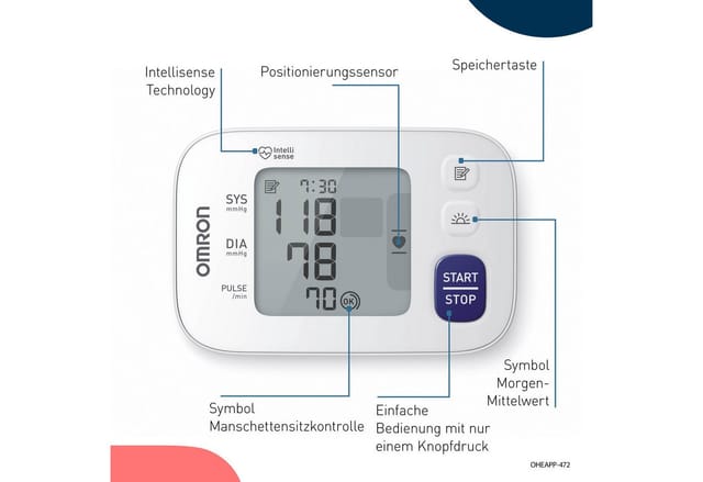 Omron Handgelenk-Blutdruckmessgerät RS4 mit Positionierungssensor für genaue Messergebnisse zu Hause, erkennt unregelmäßige Herzschläge, vorgeformte Manschette 13.5-21.5 cm