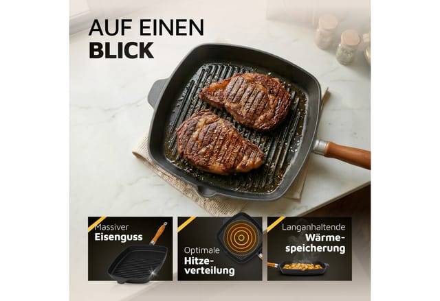 Krüger Steakpfanne Einsenguss Grill-/ Steakpfanne RUSTICA, 28 x 28cm, Gusseisen (1-tlg), für Induktions-Kochfelder geeignet
