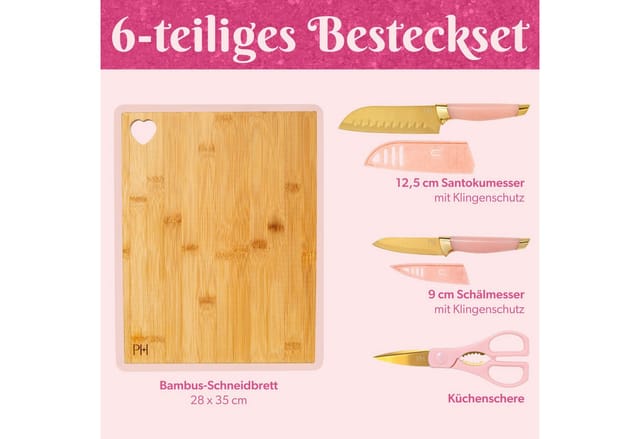 Paris Hilton Schneidebrett Paris Hilton, Küchenhelfer-Set, 6-teilig, Bambus, (Set, 6-St., 1 Santoku- u. 1 Schälmesser, 2x Klingenschutz, Schere, Schneidbrett), Schneidbrett-Set, Messer-Set, Bambusbrett mit Herz-Design