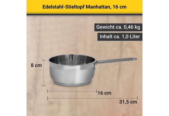 Krüger Kasserolle Edelstahl Stieltopf Manhattan, 16 cm, Edelstahl (1-tlg), für Induktions-Kochfelder geeignet
