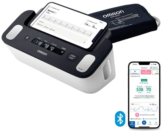 Omron Oberarm-Blutdruckmessgerät Complete mit EKG-Funktion, Vorhofflimmern (AFib)-Screening & App, Einfache, genaue und präzise Blutdruckmessungen und EKG zu Hause
