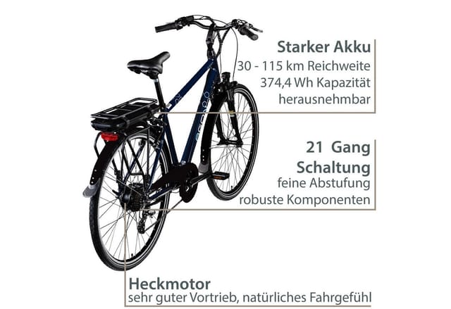AGON E-Bike Trekkingrad Avesa, 21 Gang, Kettenschaltung, Heckmotor, 374 Wh, Pedelec, Elektrofahrrad für Damen u. Herren