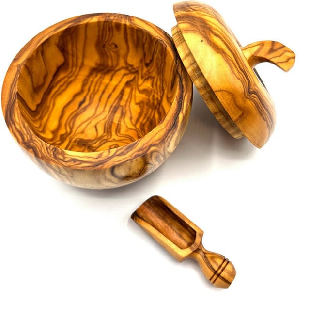 Olivenholz-erleben Zuckerdose Dose wie Apfel aus Olivenholz mit kleinem Salzschippchen, Holz, (Set, 2-tlg., 1x Dose wie Apfel, 1x Schippchen aus Olivenholz plus Überraschung), toller Blickfang in außergwöhnlicher Form und einzigartiger Maserung