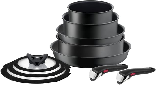 Tefal Topf-Set Ingenio Ultimate, Topf und Pfannenset abnehmbarer Griff, stapelbar, Aluminium (Set, 10-tlg., Kasserolle 16/20cm, Schmorpfanne 24cm, Pfanne 24/28cm, Deckel, Griffe), platzsparend, Pfannenset Induktion mit Antihaftversiegelung, L76491