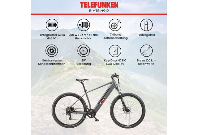Telefunken E-Bike Mountainbike E-MTB Aufsteiger M919, 7 Gang Shimano Tourney Schaltwerk, Kettenschaltung, Heckmotor, 468 Wh, Pedelec, Elektrofahrrad, Damen u. Herren, E-MTB, Mountainbike, 29 Zoll