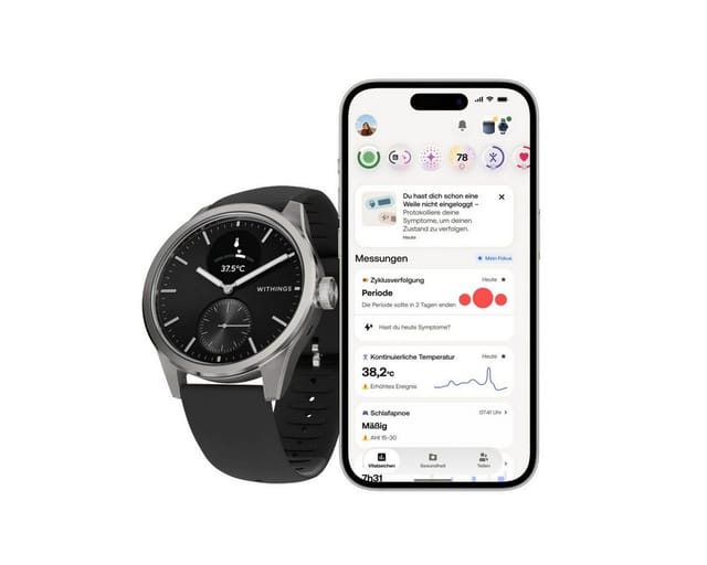 Withings ScanWatch 2, Akku bis 35 Tage, appfähige Smartwatch Set, 42 mm, inkl. Milanese Band Schwarz, Übermittlung von Gesundheitsdaten