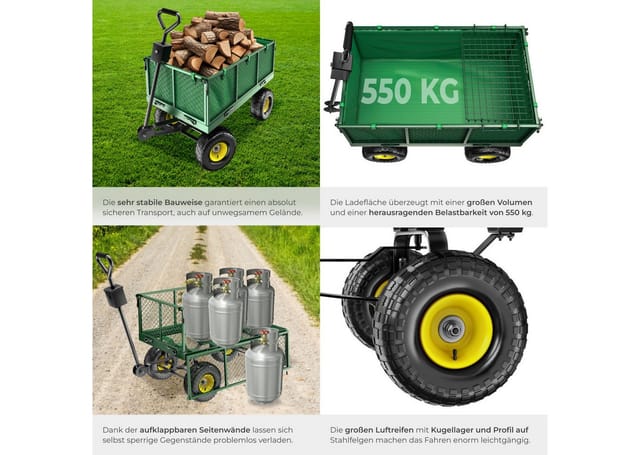tectake Bollerwagen Handwagen mit Ablage max. 550kg mit klappbaren Seitenwänden (1 Transportwagen, 1-tlg., 150L Volumen in Grün), Luftreifen, leichtgängige Lenkachse mit gepolstertem Griff