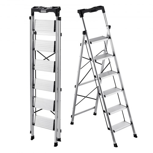 Trittleiter 6 Stufen, Klappleiter Mit Anti-rutsch-stufen & Komfortablem Handgriff, Haushaltsleiter Tragkraft 150 Kg, Aluminium-sicherheitsleiter Für Küche, Lager, Haushalt & Büro, Silber
