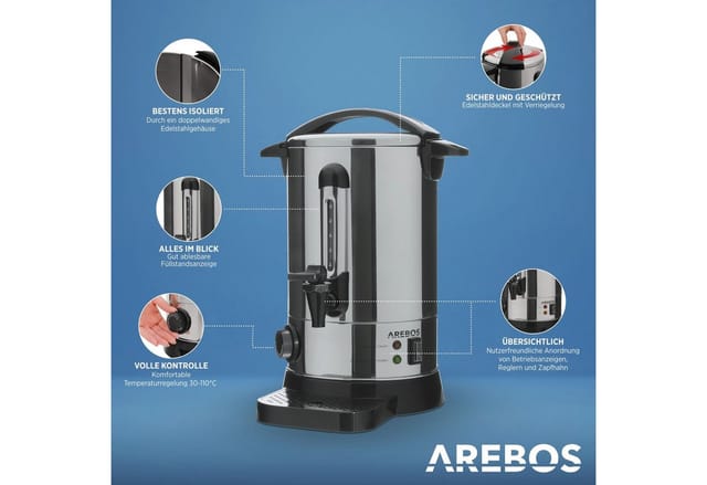 Arebos Heißgetränke- und Glühweinautomat 6,8 L mit Überhitzungsschutz, 30–110 °C, 3 Farben, 950,00 W