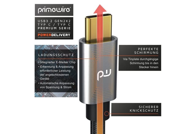 Primewire USB-Kabel, USB-C, 3.2 (200 cm), Gen 2x2-100 Watt PowerDelivery Ladekabel / Datenkabel 20 Gbit/s - 2m