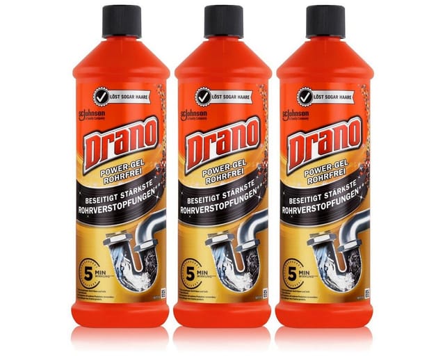 Mr Muscle Drano Power-Gel Rohrfrei 1 Liter - Löst sogar Haare (3er Pack) Rohrreiniger