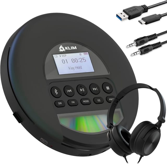 KLIM Nomad tragbarer CD-Player (Bluetooth, Discman mit On-Ear Kopfhörer, Ideal für Autos, MP3)