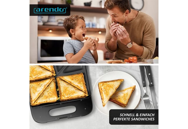 Arendo Sandwichmaker XXL für 4 Sandwiches, Sandwichtoaster für große Toasts, BPA Frei, 1400 W, Antihaftbeschichtet, Schnellaufheizung, Temperaturregelung, 1400 W