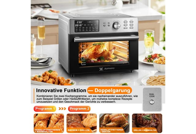 Azmsary Minibackofen Heißluftfritteuse 30L Edelstahl, Multifunktionsofen, Airfryer 1800 W, XXL Dual Cook mit umluft, 7 Zubehör, 21 in 1 mit Timer