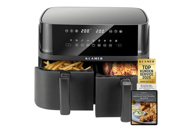 KLAMER Heißluftfritteuse Heißluftfritteuse Duo 9 L – Doppelkammer Airfryer mit 2 Körben, 3000 W, Zwei separate Fächer, Smart-Funktionen, Mehrere Programme & Steuerung