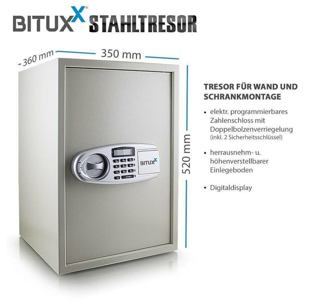 Bituxx Tresor elektronisch Lichtgrau (MS-11389), Aktentresor Möbeltresor Geldschrank Wandtresor, MS-11389