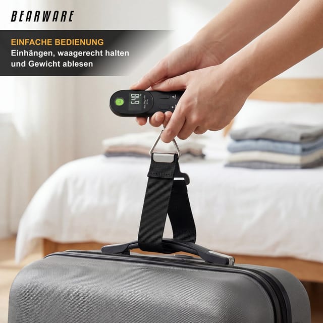 BEARWARE Kofferwaage digital mit Haken & Wiegeband, bis zu 50 kg, für Reisen, Gepäckwaage, Tragkraft 50 kg, (1-tlg), Hängewaage, Reisewaage, 10g genau, Wasserwaage, Tara, Maßband, Display