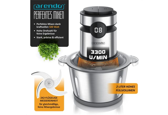 Arendo Zerkleinerer Elektrischer Multizerkleinerer für Fleisch Nüsse Obst Gemüse u.v.m., 500 W, Universalzerkleinerer 2L Edelstahlbehälter, Display, Sicherheitssperre