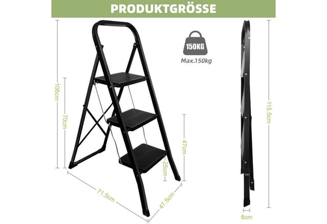 SunJas Trittleiter OZ-Step03 3 stufen Mit extrabreiten, rutschfesten Trittstufen (Eisen Stehleiter, Multifunktionsleiter), Klapptritt Leiter mit 3 Stufen & Handlauf Stehleiter bis 150 kg