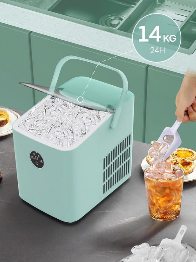 FOHERE Eiswürfelmaschine Klein, 14kg/24h, 6 Min. Eis, 2 Bullet Ice Größen, selbstreinigend, Party/Büro, grün