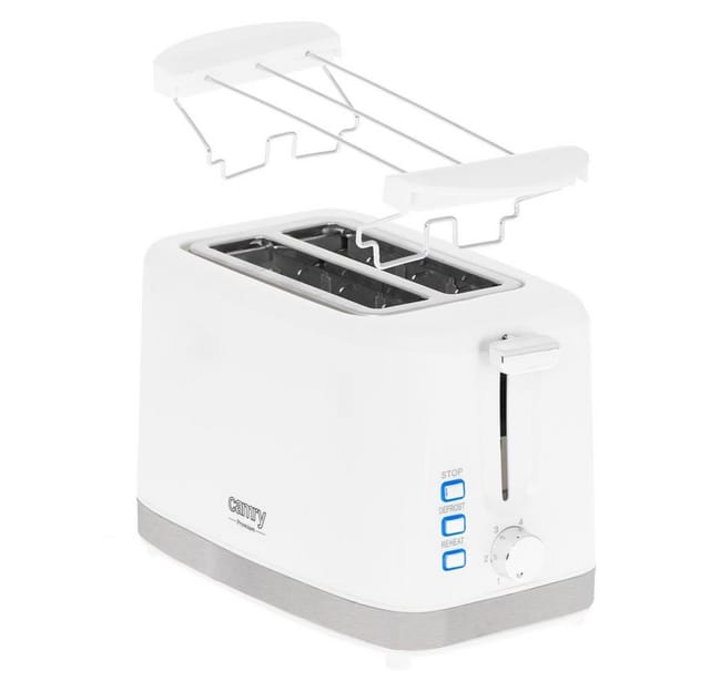 Camry Toaster CR 3219, 2 kurze Schlitze, 900,00 W, mit Brötchenaufsatz, Auftaufunktion, Aufwärmfunktion, 6 Stufen, weiß