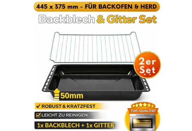 ICQN Backblech 445 x 375 x 50 mm, Emaille, (Set mit Backofenrost, 2-St), Passend für Whirlpool, Ignis, Bauknecht, Indesit, Algor, Neckermann