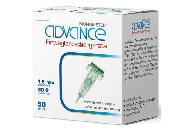 ADVANCE Lanzetten MONOMETER, 30,00G, 50 St., Sicherheits Lanzetten, 50 tlg., Ohne zusätzliche Stechhilfe einsetzbar