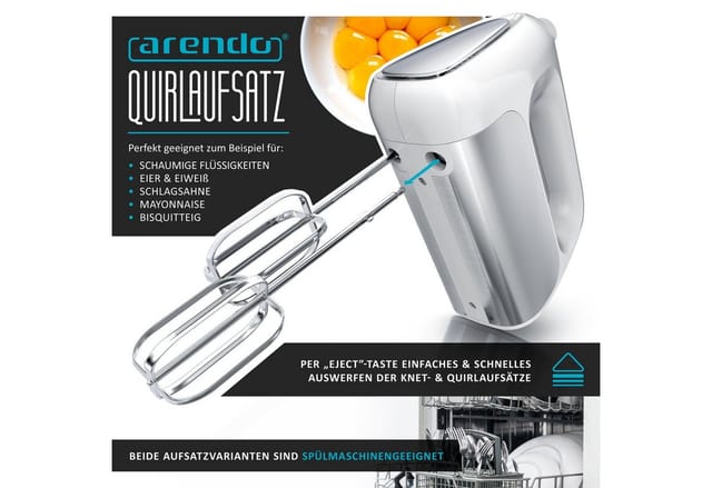 Arendo Handmixer Elektrischer Handrührer inkl. 2 Rührbesen & 2 Knethaken, Handrührgerät, 500 W, Edelstahl, Hakenentriegelung, Turbotaste, Thermosicherung