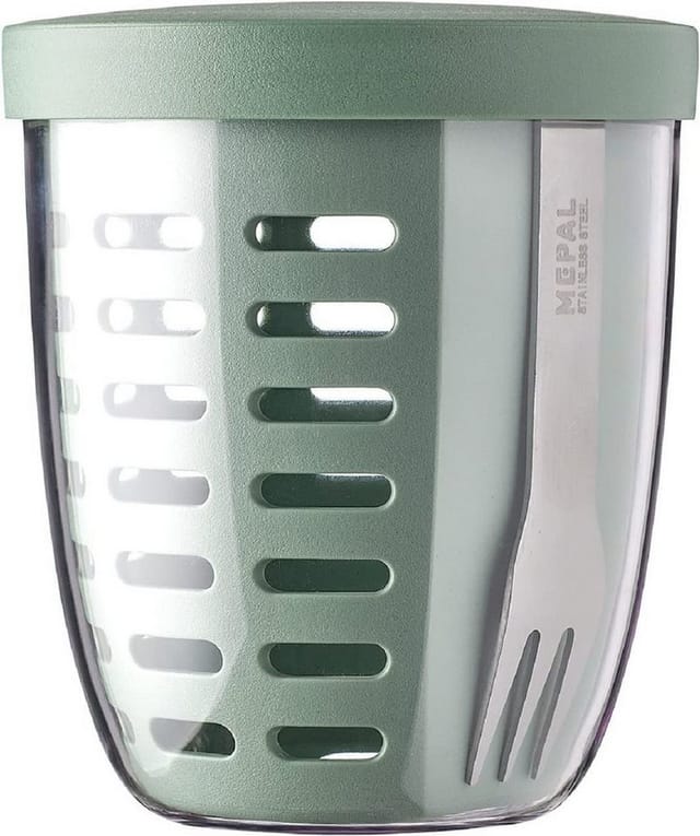 Mepal Lunchbox Fruitpot Ellipse, 600 ml, Nordic Sage, ideal für Obst & Gemüse, Polypropylen (PP), PCTG, unterwegs mit Abtropfsieb und Gabel, spülmaschinenfest