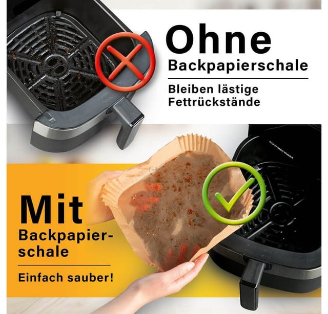 GOURMETmaxx Backpapier für Airfryer 2 bis 5 Liter - 50 Stück – 16 x 16 x 4,5cm, Airfryer Heißluftfritteuse Einwegschalen Baking Paper